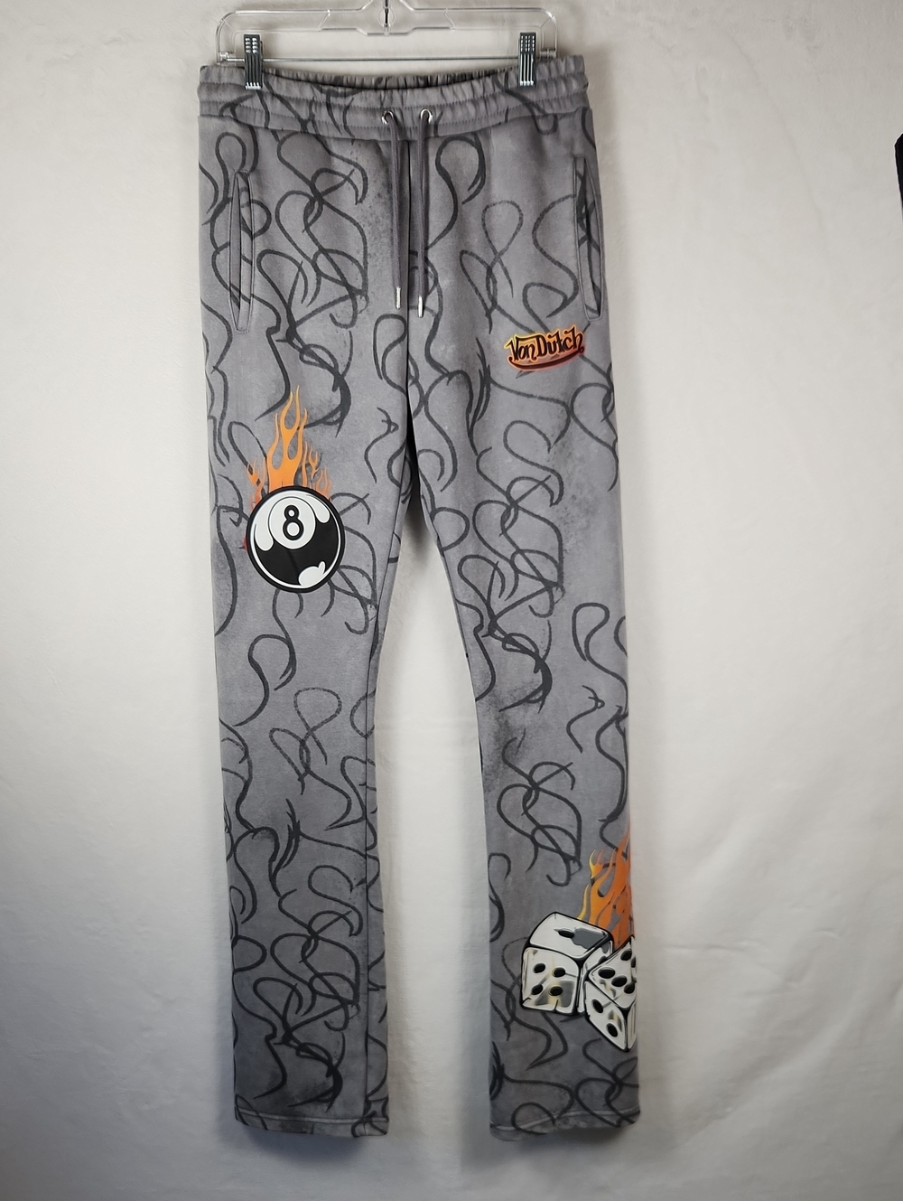 Von Dutch Gray Jogger Pants with Flame 8-Ball & Dice Graphics Size Medium / Tall